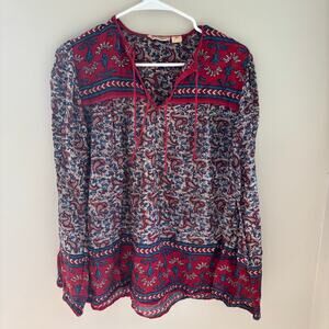 Vintage 70's Pinot Noir India Cotton Guaze Block Print Boho Hippie Shirt Size M